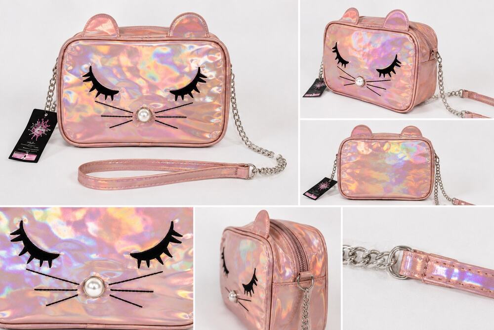 Olivia Miller Pink Holographic Cat Crossbody Purse Pearl Nose NWT Kawaii Cute